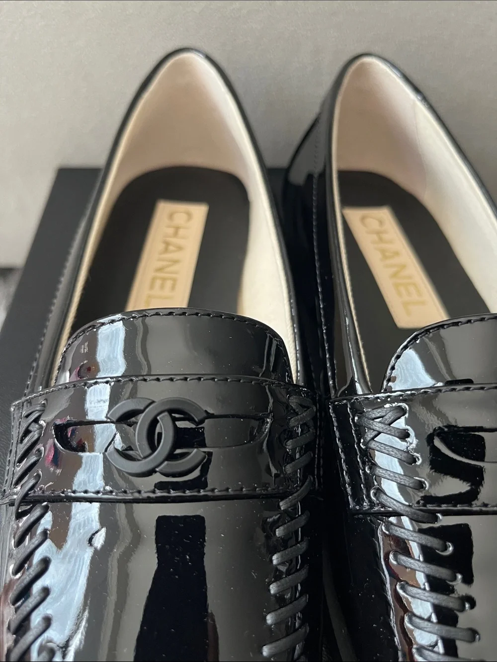 Chanel black loafers. Patent calfskin. Size 36.5. New in box. Season 24C.